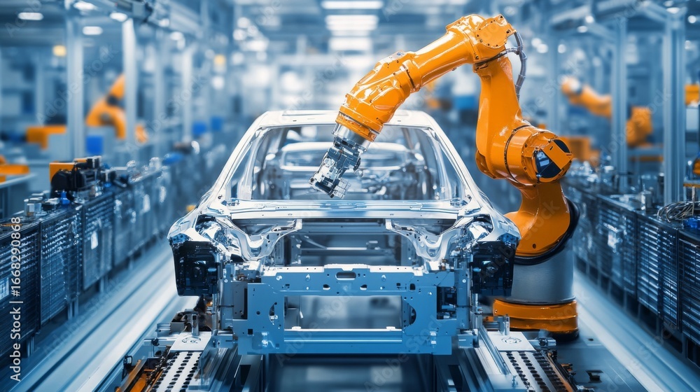 Aufkleber a robotic arm assembles a car frame in a modern manufacturing facility, showcasing advanced automati