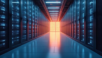 Fototapeta premium Modern server room corridor with rows of glowing computer racks, illuminated by blue, orange lights. Futuristic data center advanced technology, network infrastructure, massive data processing power.