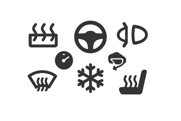 Car interior comfort and climate control icons: steering wheel, snowflake, seat heater, defroster symbols