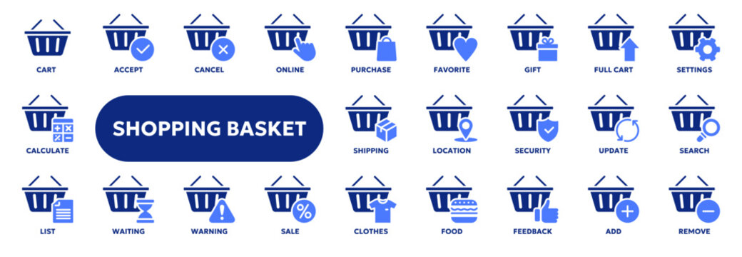 Set of vector solid icons related shopping basket, sale and discount, online and retail commerce. Symbols for website or app UI, logo design, illustration