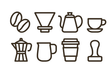 Coffee Brewing and Serving Icons: Beans, Kettle, Cup, Moka Pot, Pitcher, Tamper