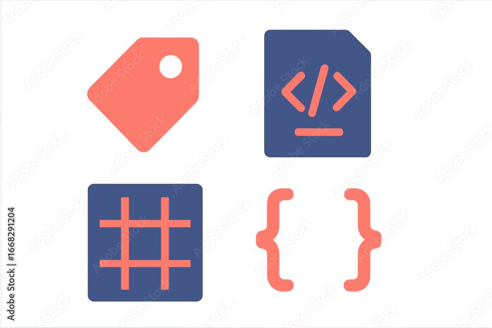 Poster abstract icons for coding, tagging, and data organization in a modern minimalist style