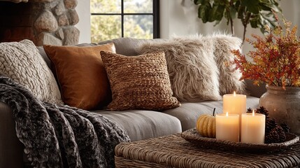 Cozy Autumn Home Interior: Living Room with Pillows, Blanket, Candles, Pumpkin, and Fall Foliage Arrangement