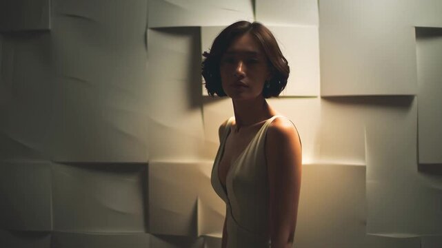 Elegant woman white backless dress stands against geometric textured paper wall, soft lighting creates moody, artistic, contemplative fashion
