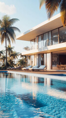 Fototapeta premium Luxurious beachfront villa with pool and palm trees during sunrise in tropical paradise