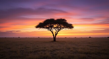 Obraz premium Majestic Acacia Silhouette: Fiery Sunset Over African Savannah Landscape