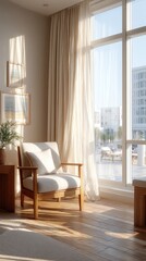 Sunlit Modern Living Room with Wooden Chair and City View