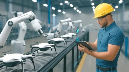Technical professional in protective gear monitors sophisticated drone production using digital tablet while robotic arms precisely assemble white unmanned aerial vehicles - Powered by Adobe