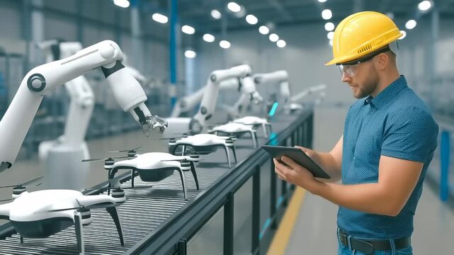 Technical professional in protective gear monitors sophisticated drone production using digital tablet while robotic arms precisely assemble white unmanned aerial vehicles