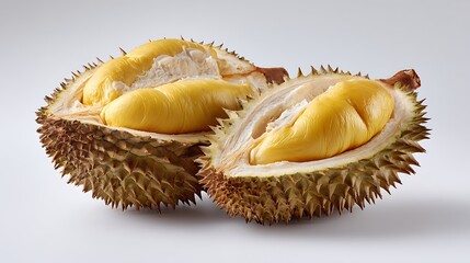 Fototapeta premium Close-up view of a fresh durian fruit split open revealing its creamy yellow flesh
