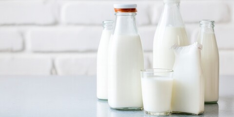 Fresh milk bottles and a glass on a table, evoking a sense of purity and natural goodness.