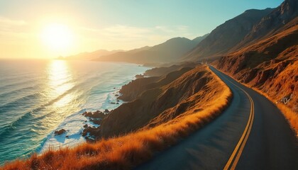 Scenic coastal road highway with panoramic ocean view. Warm sunset light shines on turquoise waves crashing against rocky cliffs. Golden hour illuminates grassy hills. Serene journey.