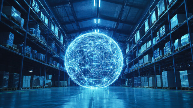 Advanced technology connected to logistics in a warehouse setting with network visualization - Powered by Adobe