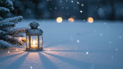 A lit lantern casts light on snowy ground beside a snowcovered fir branch bokeh background gently falling snow - Powered by Adobe