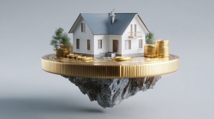 A floating house model surrounded by gold coins on a rocky base, representing real estate investment and financial growth.