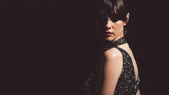 Elegant woman sequin dress with backless design, glamour fashion dark background, dramatic lighting, sophisticated evening wear, sparkle