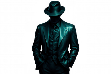 Metallic figure wearing suit and fedora hat with hands in pockets against transparent background