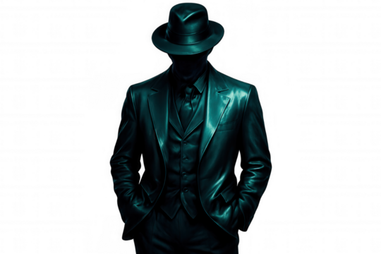 Metallic figure wearing suit and fedora hat with hands in pockets against transparent background