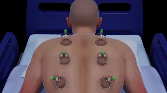 Dry Cupping Therapy. 3D Animation of Dry Cupping Therapy on Back for Pain Relief. Cupping Therapy for Muscle Relaxation. Medical Animation of Dry Cupping Therapy for Wellness and Recovery