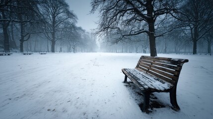 A serene winter scene featuring a snowy park with a solitary wooden bench surrounded by bare trees under a cloudy sky.