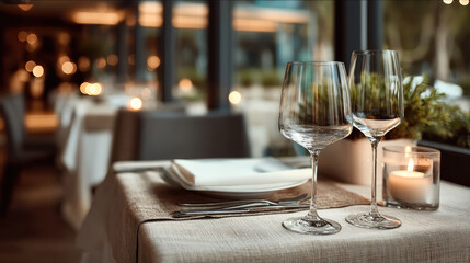 Elegant table setting with wine glasses, candlelight, and white napkins in cozy restaurant interior, creating romantic atmosphere