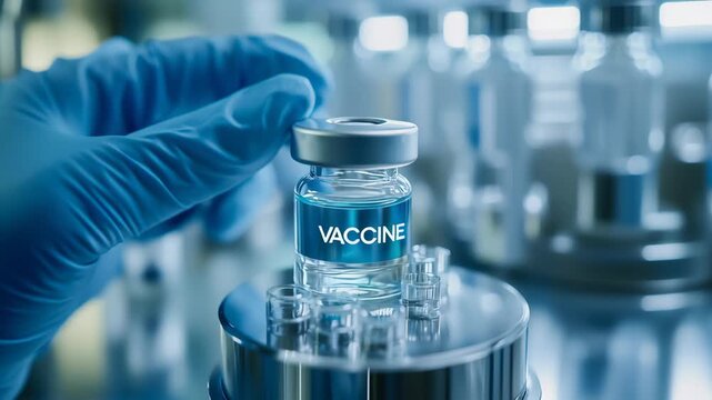 Gloved hand holds a vaccine vial in a laboratory setting