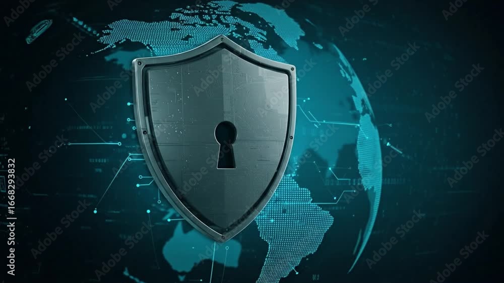 Poster a metal shield with a keyhole sits against a digital world map and data lines