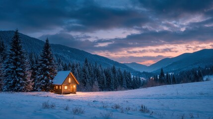 Fototapeta premium A cozy cabin illuminated in a snowy landscape, surrounded by tall evergreen trees and mountains, under a dramatic sky at twilight.