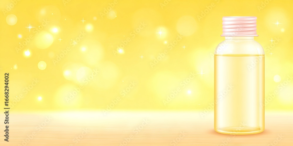 Poster transparent bottle filled with liquid, placed on a wooden surface, against a soft yellow background 