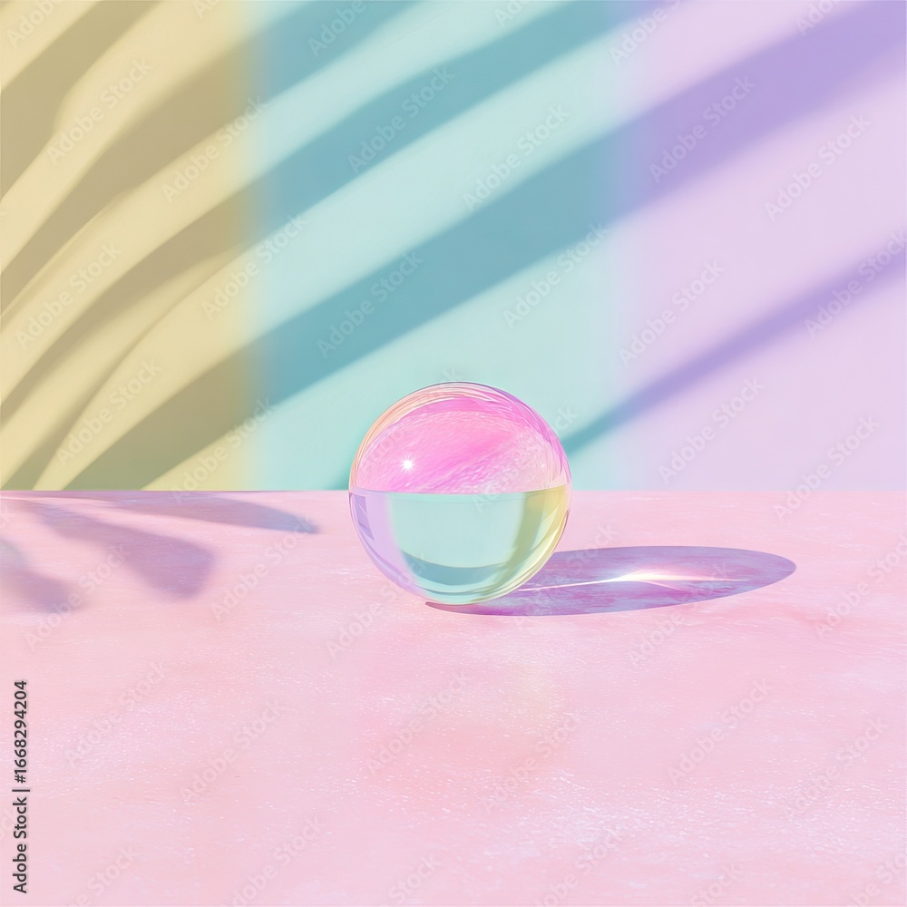 Poster transparent glass sphere resting on a pastel pink surface, casting colorful reflections and shadows,