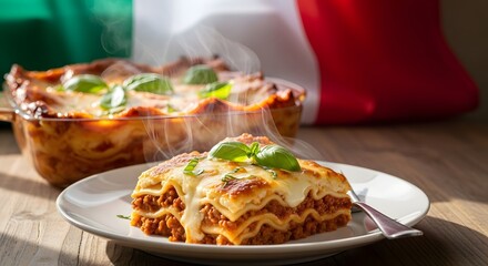 Delicious Steaming Lasagna with Melted Cheese and Fresh Basil, Italian Flag in Background