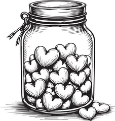 Jar of Hearts: A detailed hand-drawn illustration captures a glass jar brimming with heart-shaped objects, exuding a sense of warmth and affection.