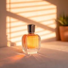 Elegant glass perfume bottle with orange liquid sits on a table, illuminated by warm sunlight casting soft shadows, creating a serene and inviting atmosphere for fragrance lovers