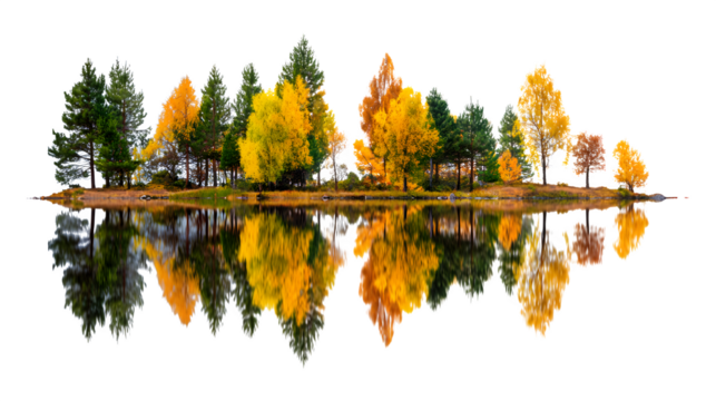 Mountain lake reflecting autumn-colored trees and soft clouds