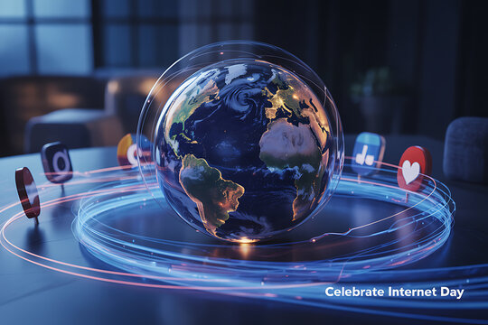 Global connections celebrate Internet Day with social media symbols and vibrant energy trails, ideal for technology and global communication campaigns