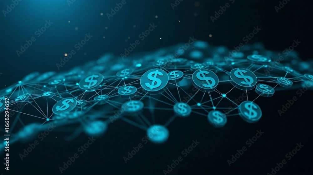 Poster a network of dollar signs linked by blue lines and points against a dark background