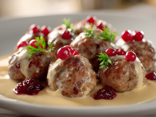 A cinematic, close-up shot of a plate of Swedish Meatballs with lingonberry jam and creamy sauce, arranged on a white surface, captured in full HD with incredible detail and a soft, professional light