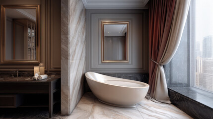 Fototapeta premium Elegant bathroom with freestanding bathtub, marble floor, large window, brown curtain, and decorative mirror, creating serene atmosphere