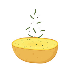 Baked potato with melted butter and herbs. Vector illustration cartoon flat icon isolated on white. Potato roasted.