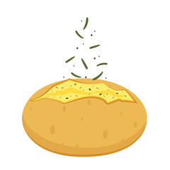 Baked potato with melted butter and herbs. Vector illustration cartoon flat icon isolated on white. Potato roasted.