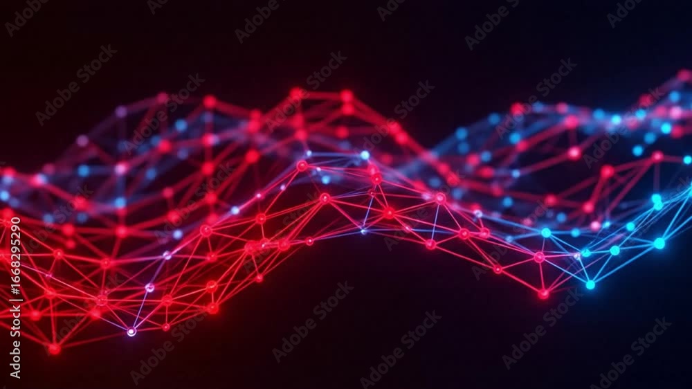 Poster a network of interconnected red and blue points forms a wavy glowing structure against a dark backgr