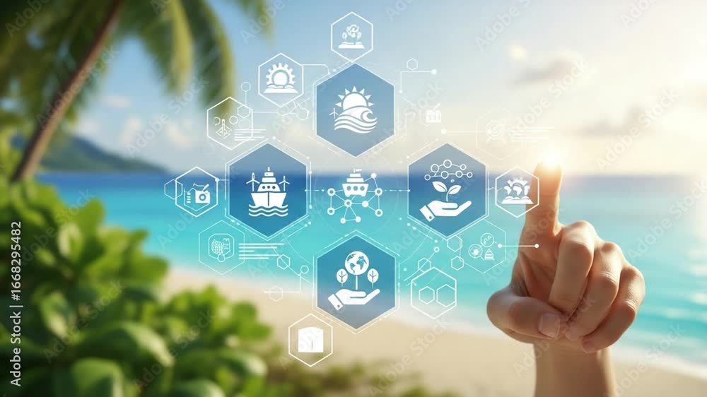 Poster hand touching interface icons on beach with ocean and palm trees in the background view scene