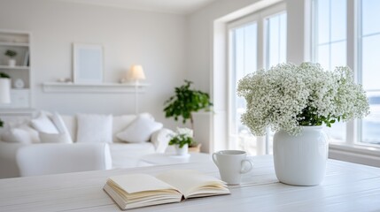 White Home Office Desk with Subtle Green Accents and Flowers