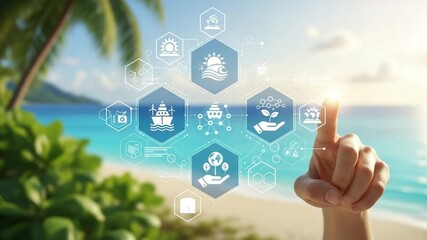 Hand touching interface icons on beach with ocean and palm trees in the background view scene - Powered by Adobe