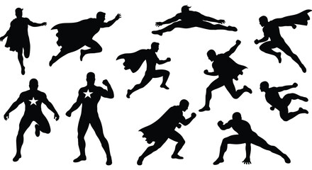 Collection of superhero silhouettes in various dynamic poses and flying through air