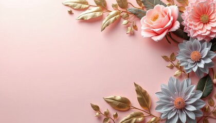 Abstract floral background with pink, pastel flowers, gold leaves. Horizontal illustration for banner design features flat lay composition, paper plastic texture, modern floral theme. Romantic spring