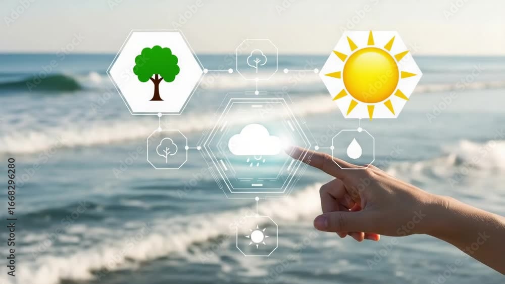 Poster hand touching a digital cloud icon with trees and sun over the ocean with waves in the background
