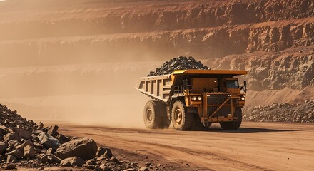 Heavy haul truck transporting rock at a copper mine, conveying industrial power and open pit mining progress
