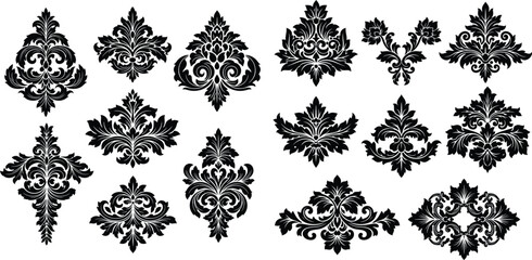 Decorative damask design elements compilation featuring ornate motifs for fabric printing and elegant wallpapers