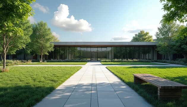 Modern corporate campus with serene landscaping, architecture. Features glass-fronted building, manicured lawns, trees, concrete pathway. Wooden bench sits on grass, suggesting peaceful outdoor - Powered by Adobe